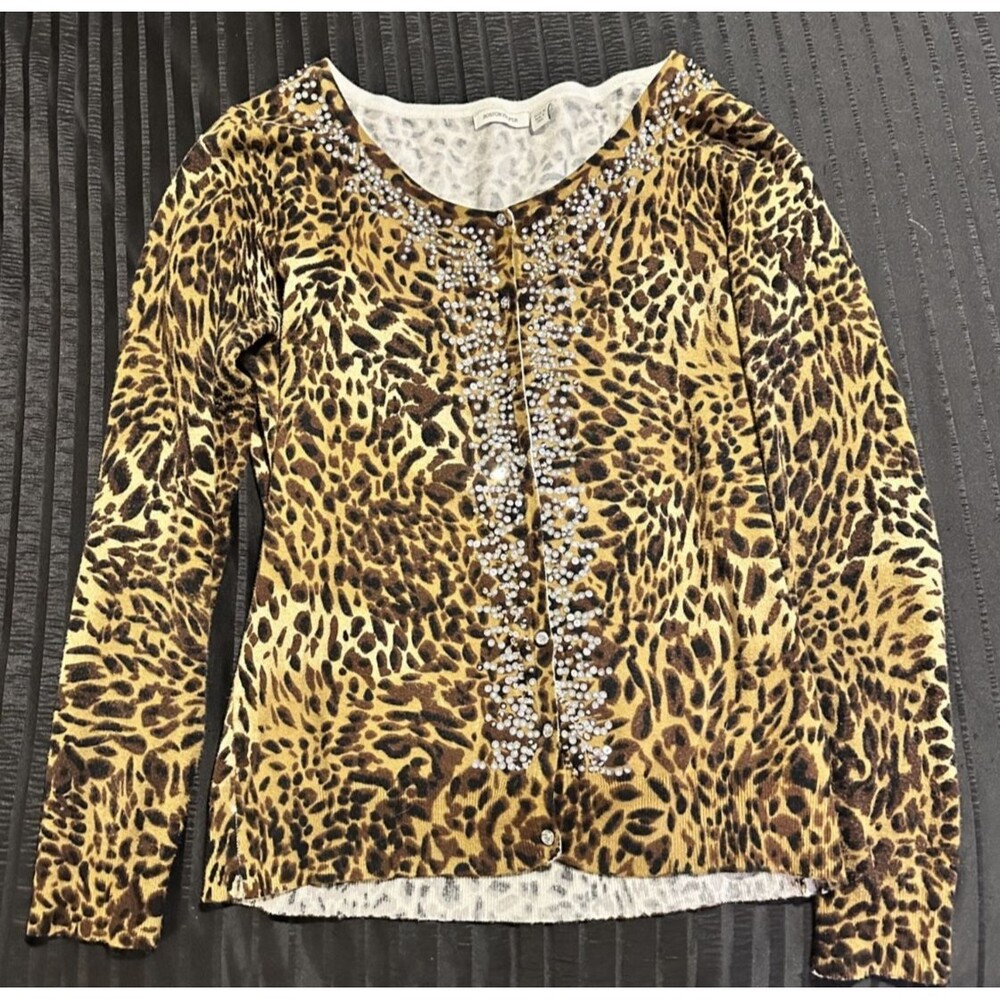 Boston Proper Leopard Sequin Cardigan S Animal Print Button Up Long Sleeve M